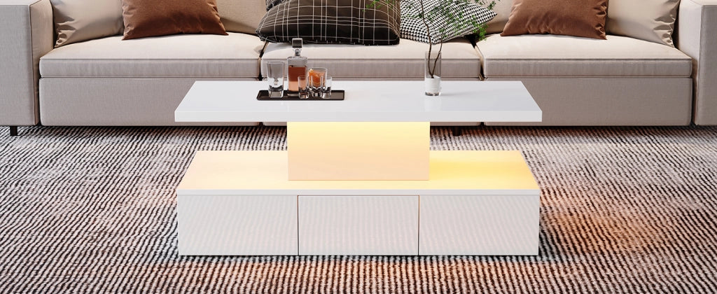 TAVOLINO DA SALOTTO 100x50x39 cm Bianco con LED, 1 cassetto e vano aperto