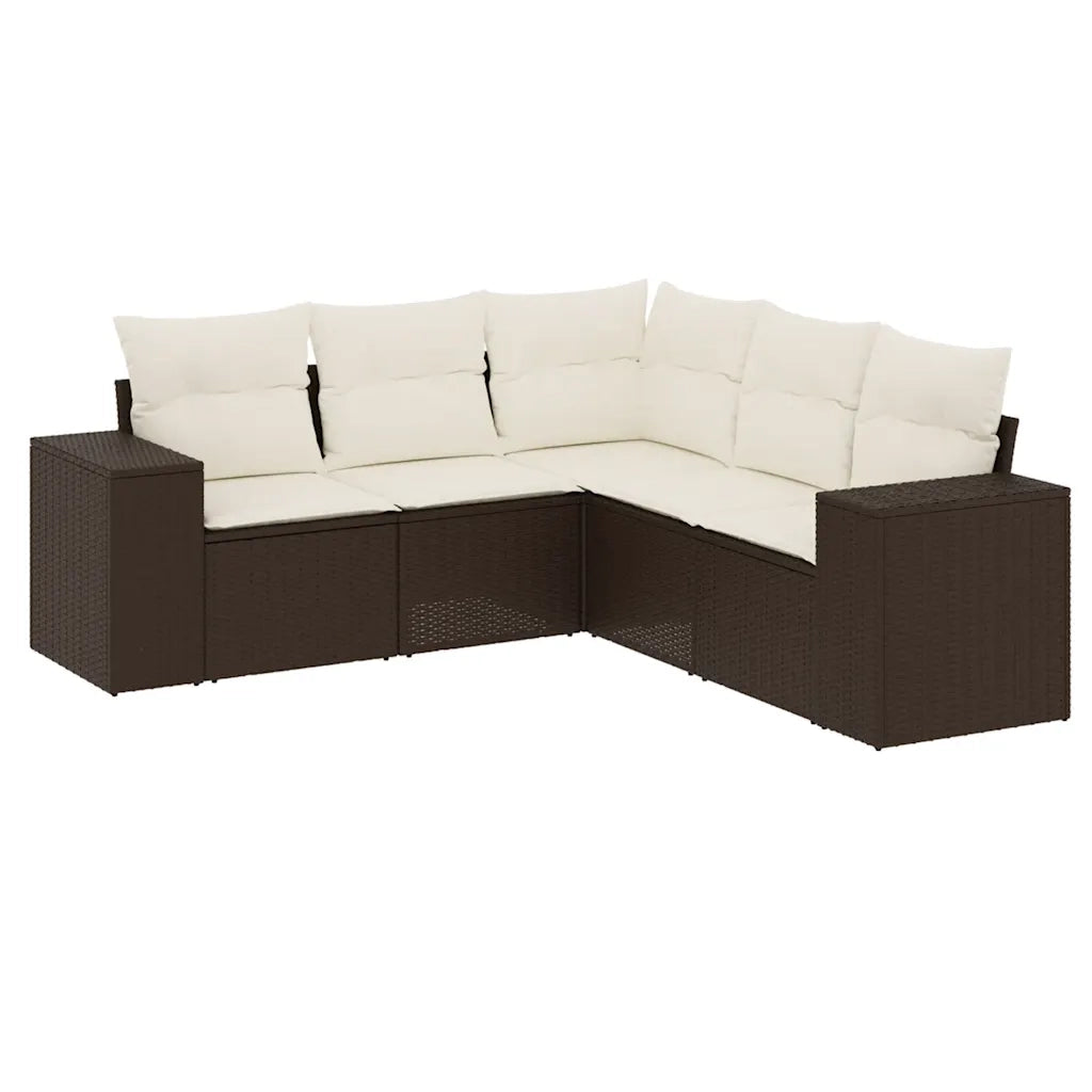 Set Divano da Giardino 5 pz con Cuscini Marrone in Polyrattan