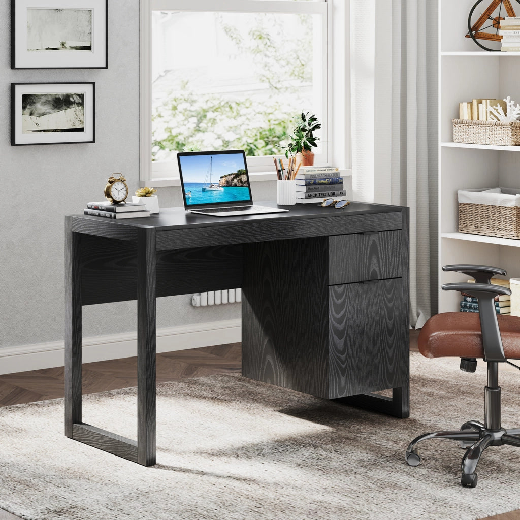 Scrivania moderna per computer con armadietto e cassetto per casa e ufficio, Postazione di lavoro elegante Nero