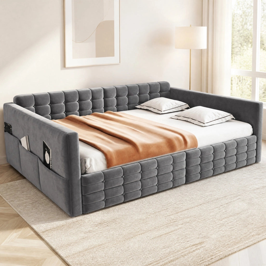 Letto imbottito contenitore 140x190, velluto grigio, testiera a quadri, 2 cassetti e tasche laterali