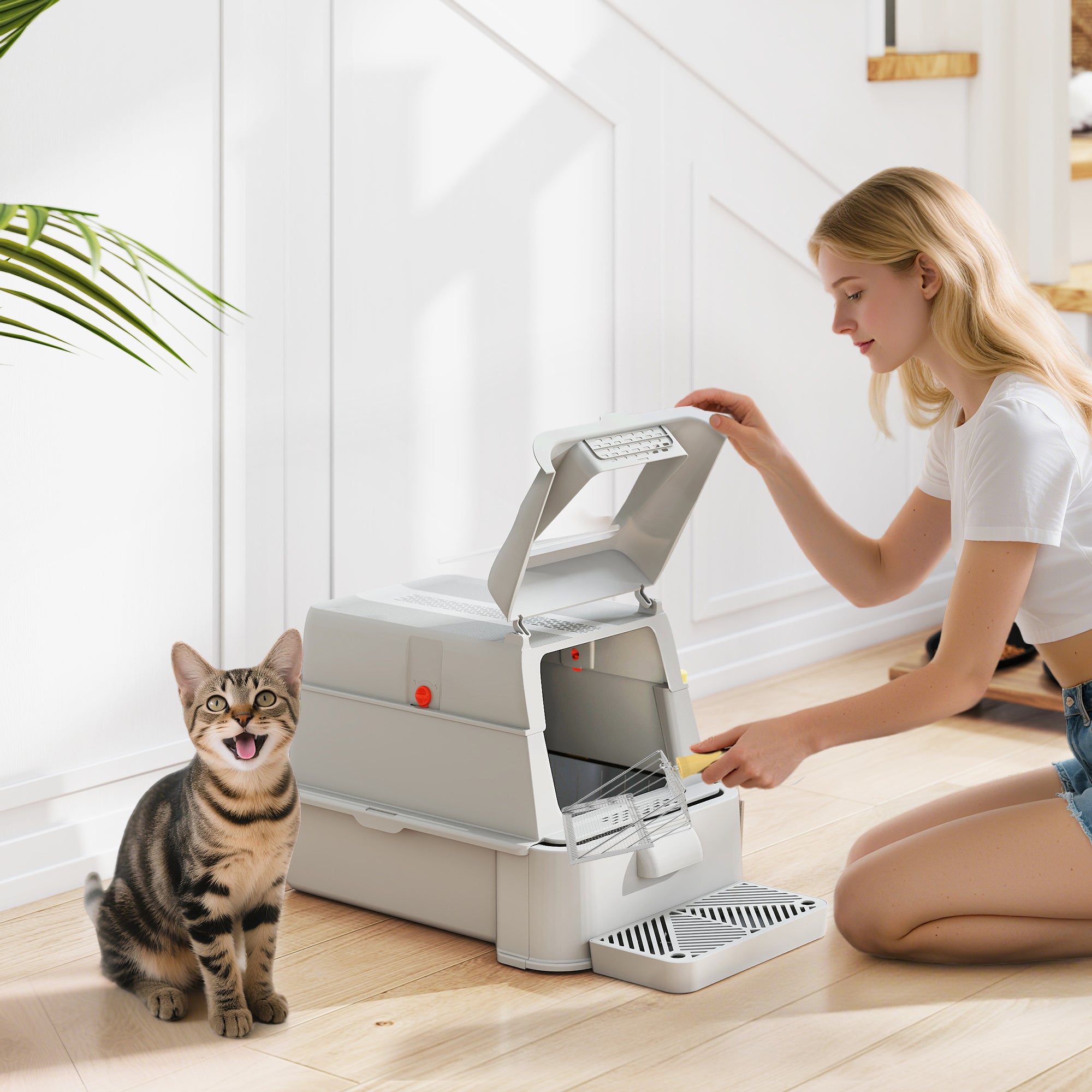Lettiera per Gatti Chiusa 63x43x43 cm Capacità da 80L con Vassoio Estraibile in ABS e Acciaio Inox Grigio Chiaro