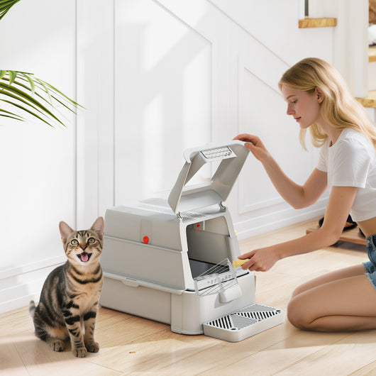 Lettiera per Gatti Chiusa 63x43x43 cm Capacità da 80L con Vassoio Estraibile in ABS e Acciaio Inox Grigio Chiaro