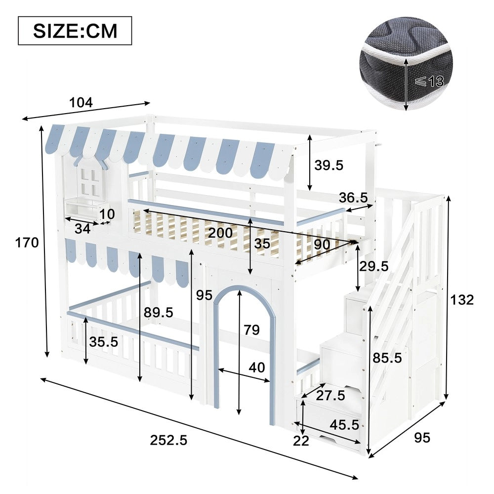 Letto a Castello Bambini con Scala e Cassetti ¨C Xylo ¨C Pino/MDF, Bianco e Blu, 90x200