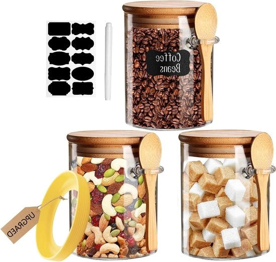 Contenitori a chiusura ermetica in vetro con coperchio per alimenti, colazione e decorazione - Set da 3 per caffè, tè e spezie - 530ml