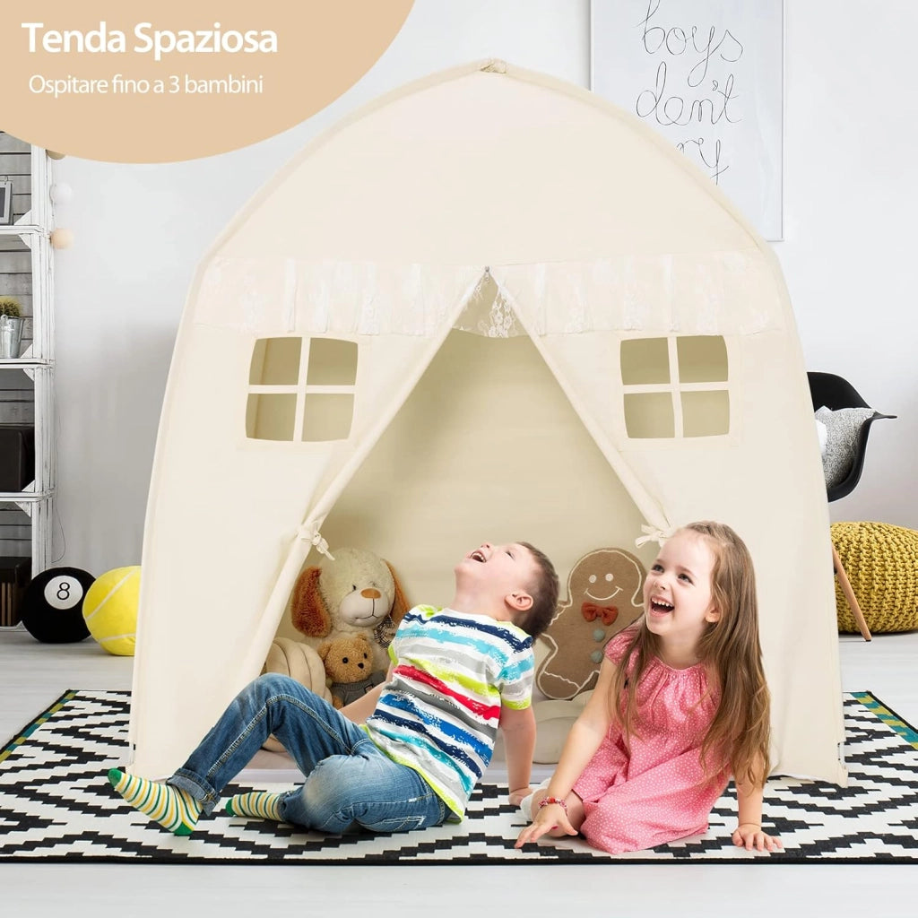 Tenda da Gioco per Bambini, Tenda per Cameretta con Borsa, Tappetino Antiscivolo, Design con Chiusura Lampo, Finestre Traspiranti, Ideale per Bambini e Bambine +3 Anni, Beige