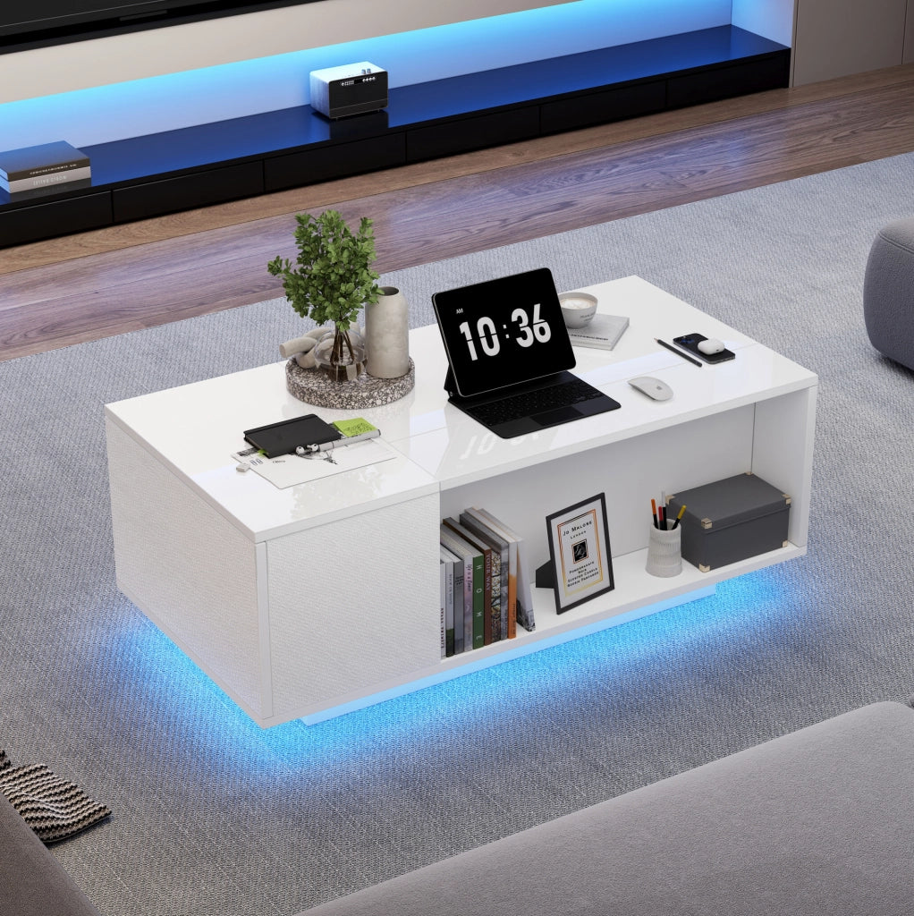 Tavolino da caffè alzabile con vano nascosto; cassetto e LED Bluetooth 100x50x40 cm bianco