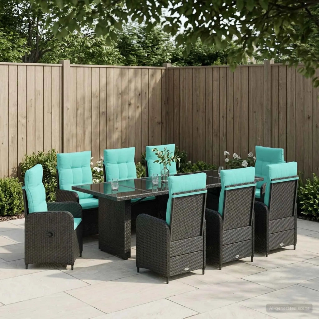Set da pranzo per esterni 9 pz Nero e Turchese polyrattan 3422386