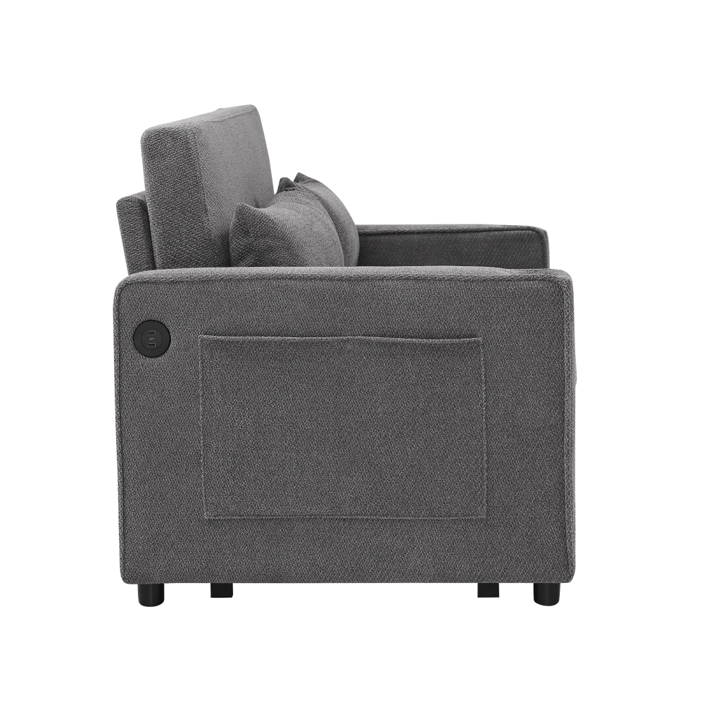 Divano letto 3 in 1 con sistema scorrevole e porte USB in legno e tessuto grigio scuro 195 × 134 × 73 cm