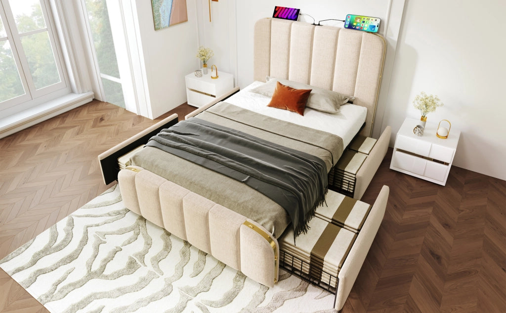 DESMIU Letto singolo 1 posto con 4 cassetti, USB e Type-C 90 × 200 cm, senza materasso, lino beige