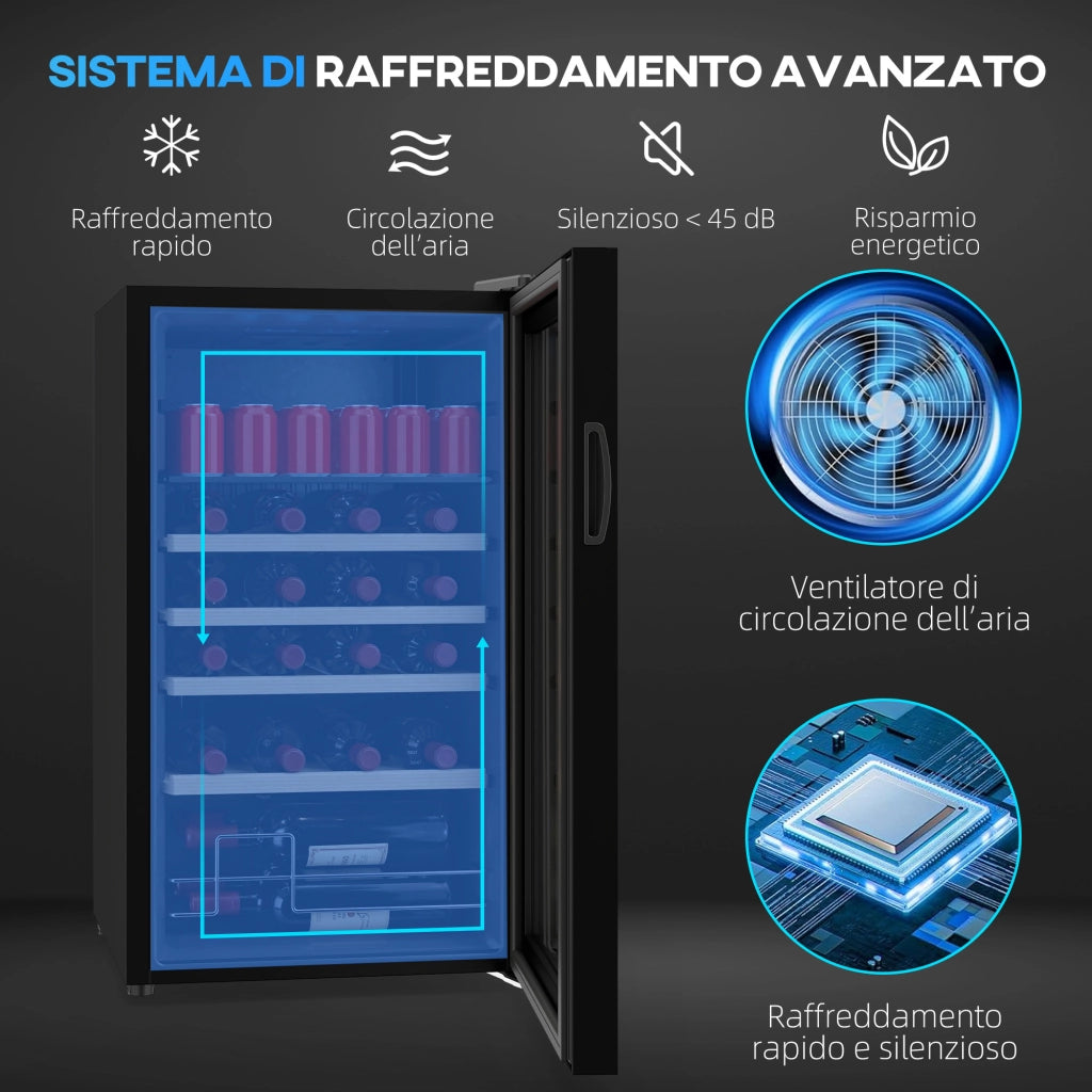 Cantinetta Frigo per Vino da 63L con Ripiani Regolabili per 16 Bottiglie e 25 Lattine, 43x45x74 cm, Nero