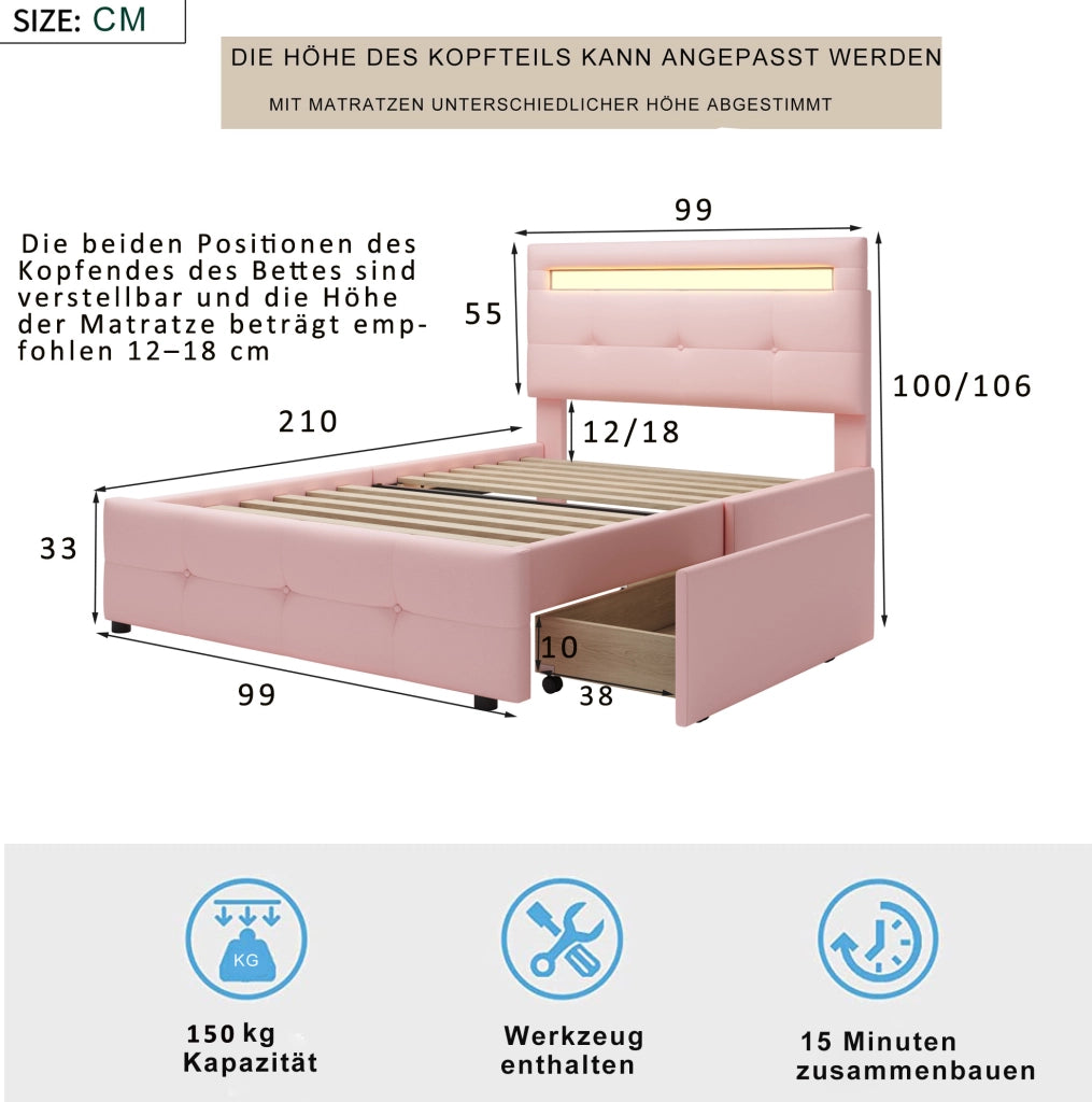 Letto singolo imbottito ULEVR 90x200 cm con LED, 2 cassetti e testiera regolabile, rosa