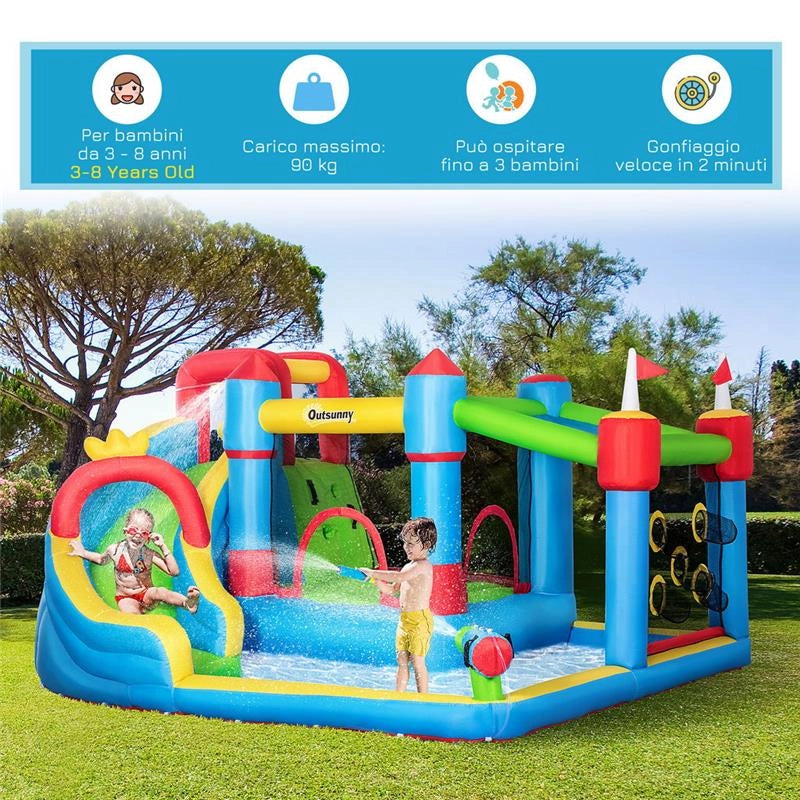 CASTELLO GONFIABILE PER BAMBINI CON SCIVOLO, TRAMPOLINO E PISCINA, 390X300X197CM