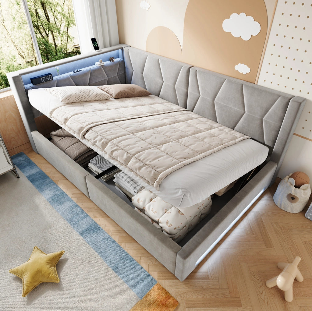Letto imbottito 140x200 cm con contenitore, LED, USB e Type-C