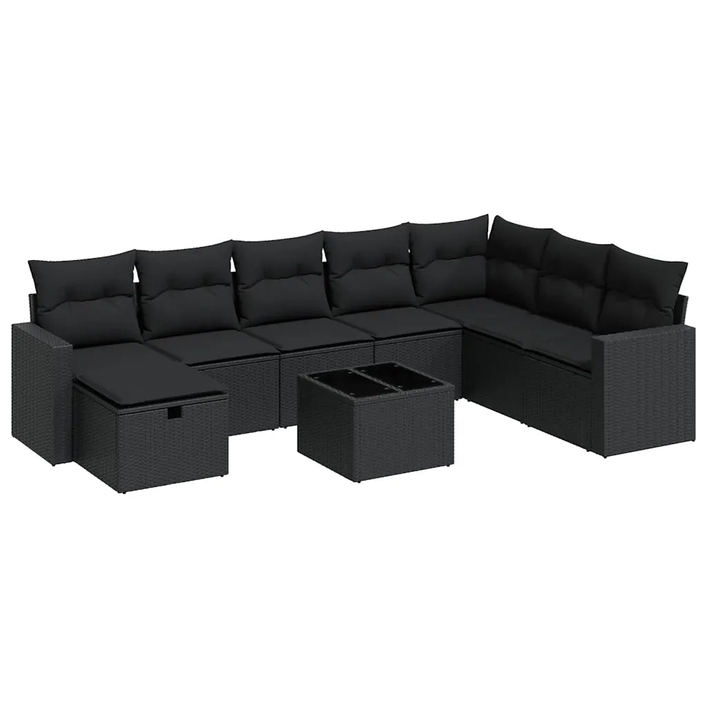Set Divani da Giardino 9 pz con Cuscini Nero in Polyrattan