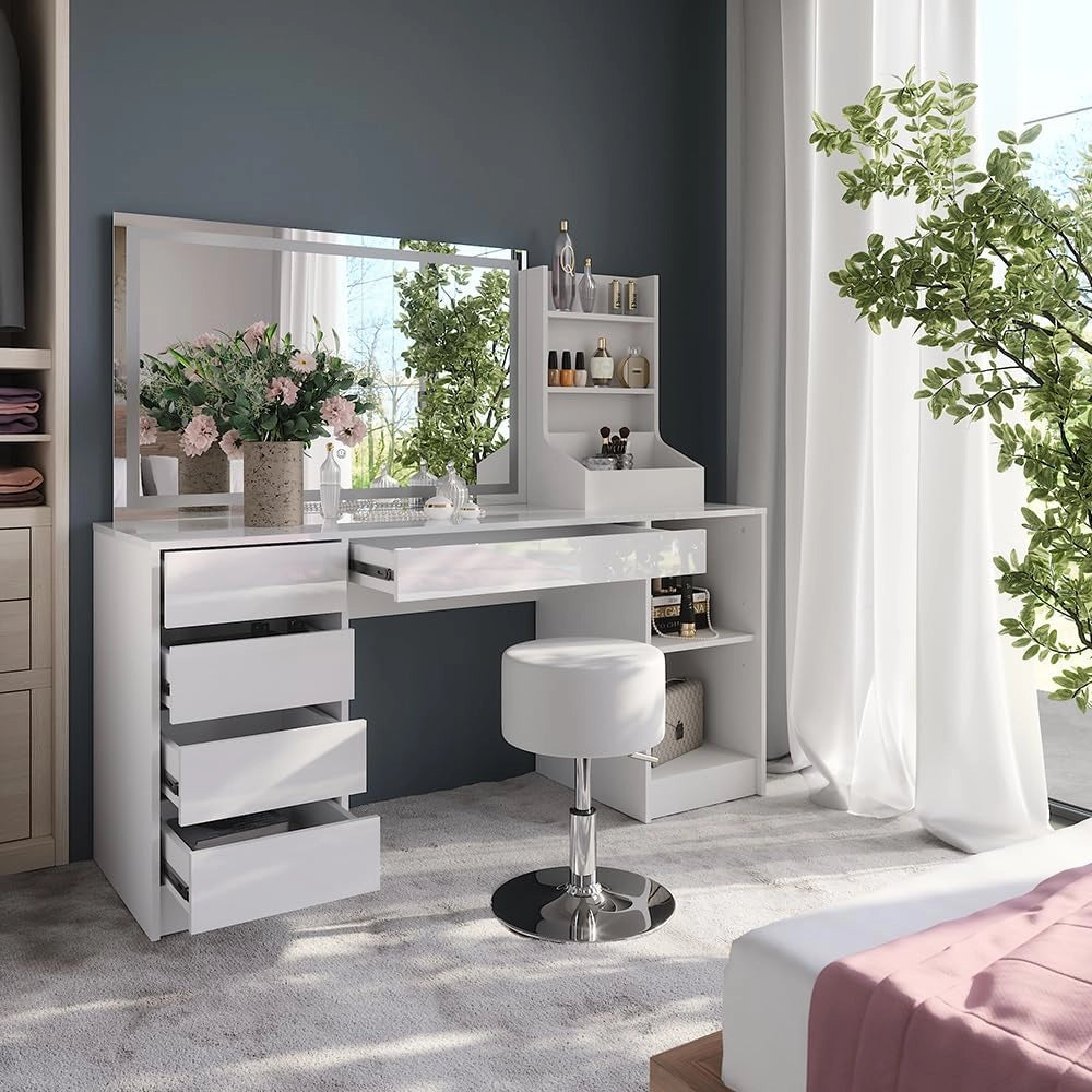 Tavolo da toeletta Sherry, Bianco/bianco lucido, 158.2 cm 4 parti, con illuminazione LED e sgabello imbottito