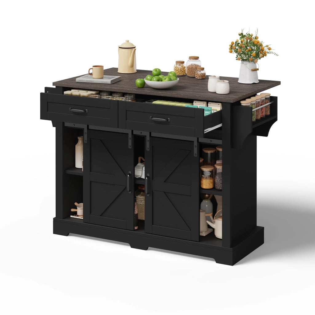 Carrello da Cucina con 2 Ante Scorrevoli; 2 Cassetti; Piano Ribaltabile e Ripiani Regolabili in MDF 120x45x91 cm Nero
