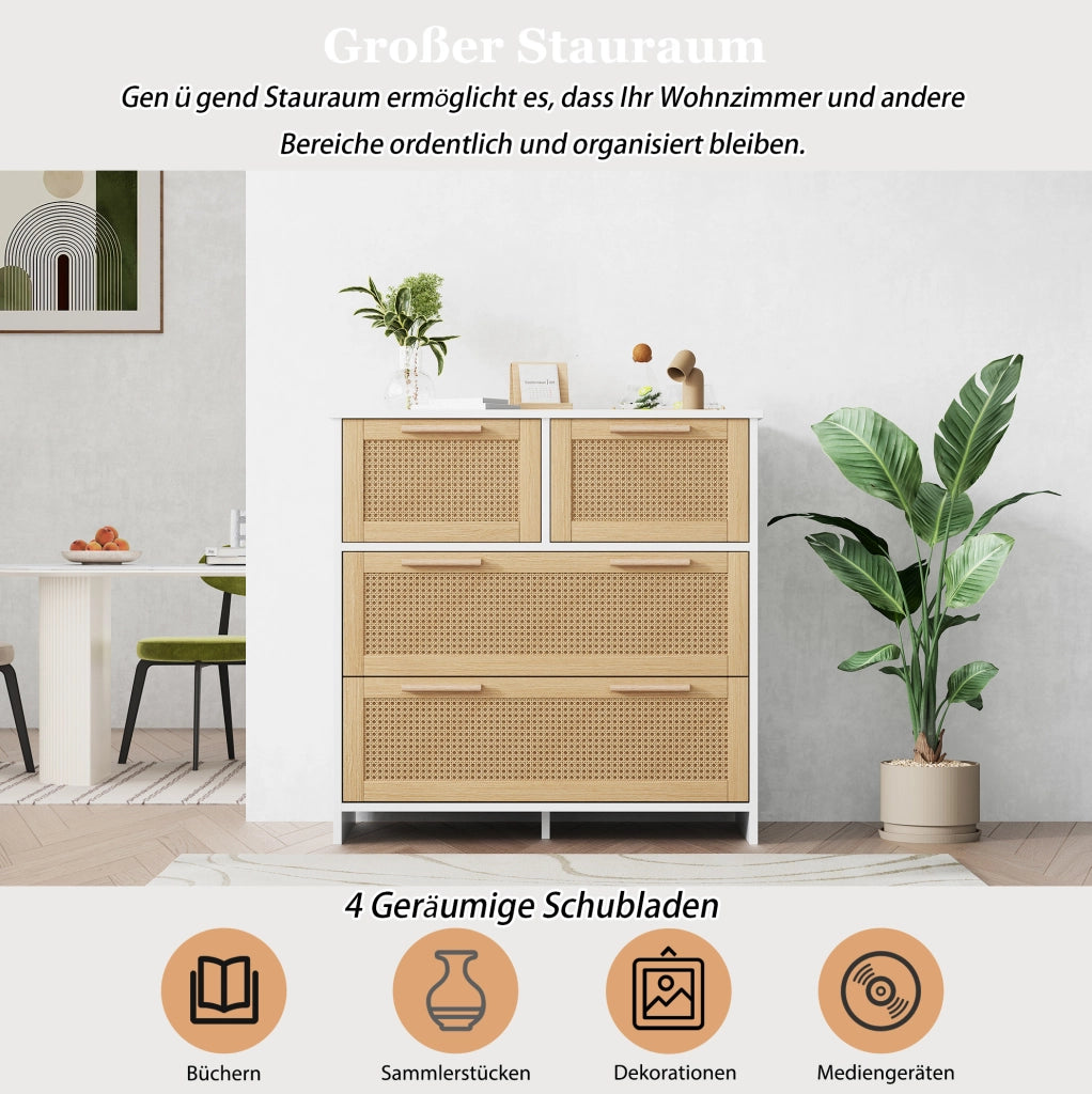 Cassettiera in rattan naturale con 4 cassetti 80x80x38 cm; bianco e naturale