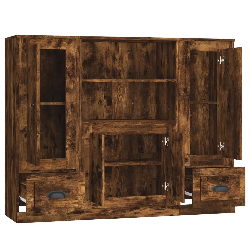 Credenze 3 pz | Madia | Buffet da pranzo | Armadio da pranzo Rovere Fumo in Legno Multistrato