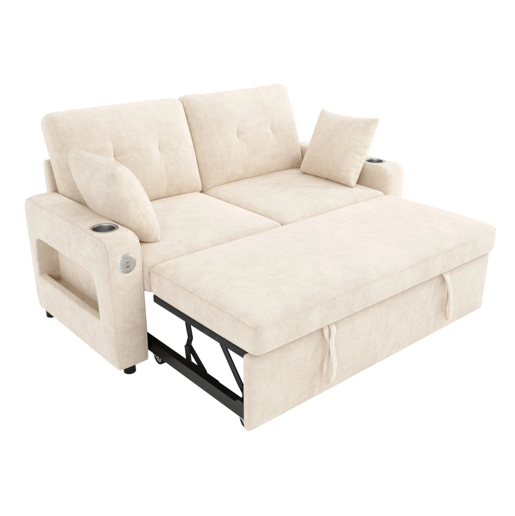 Divano letto 2 posti ULEVR con LED, porte USB e Type-C, vani nei braccioli e portabevande, beige