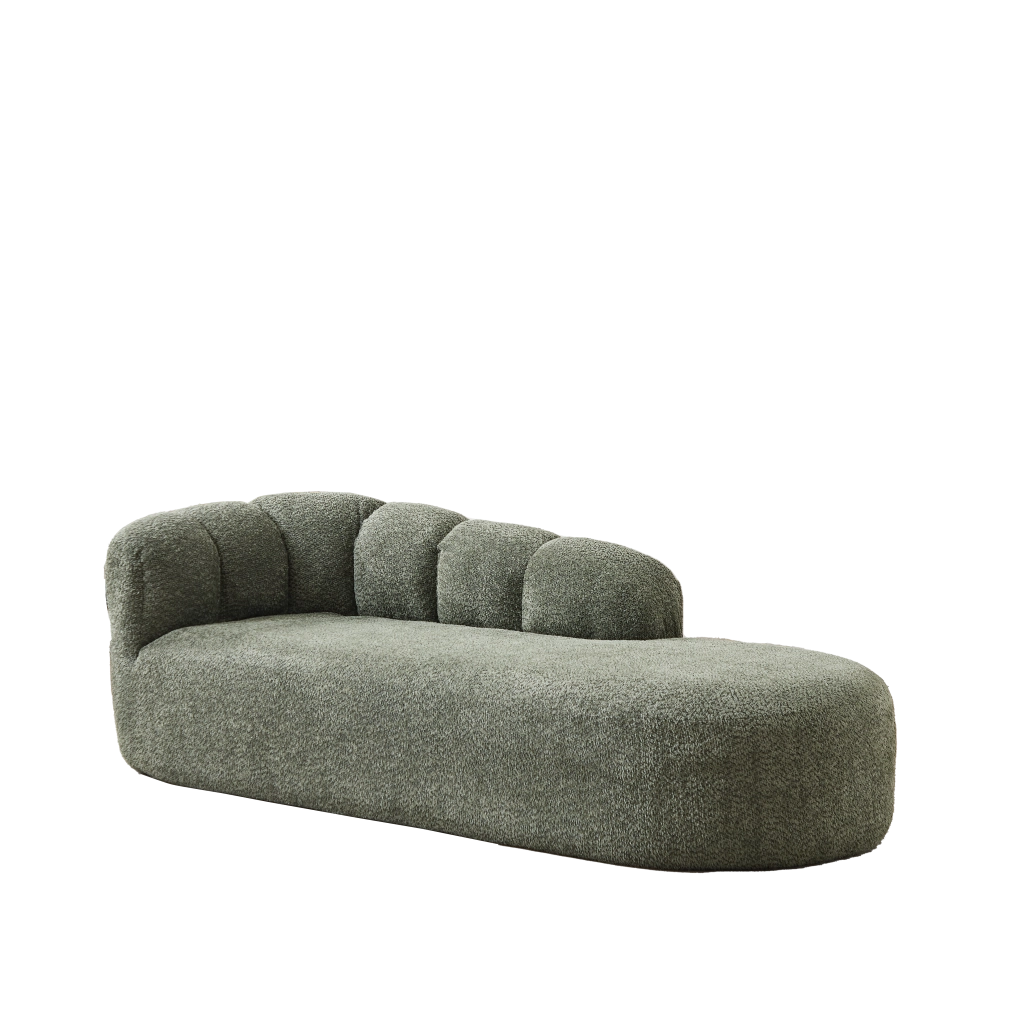 Méridienne curva con schienale ondulato e design senza braccioli per soggiorno e lettura in chenille verde salvia