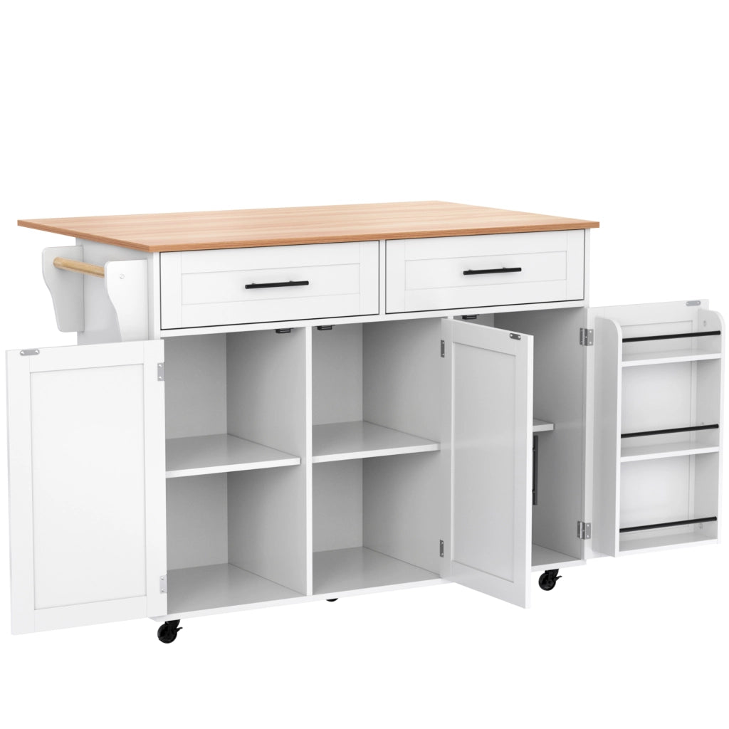 Isola da Cucina Mobile 129x46/71x91;5 cm Bianca con Piano Effetto Marmo; 2 Cassetti; Ripiani e Ruote