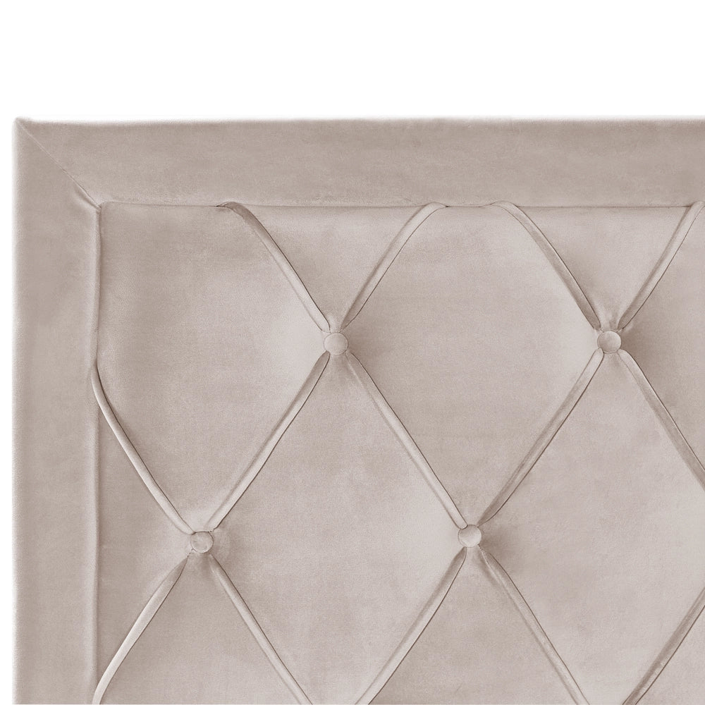 Letto contenitore tappezzeria in velluto beige 140 x 200 cm trapuntato testiera alta cassetti Glam Design