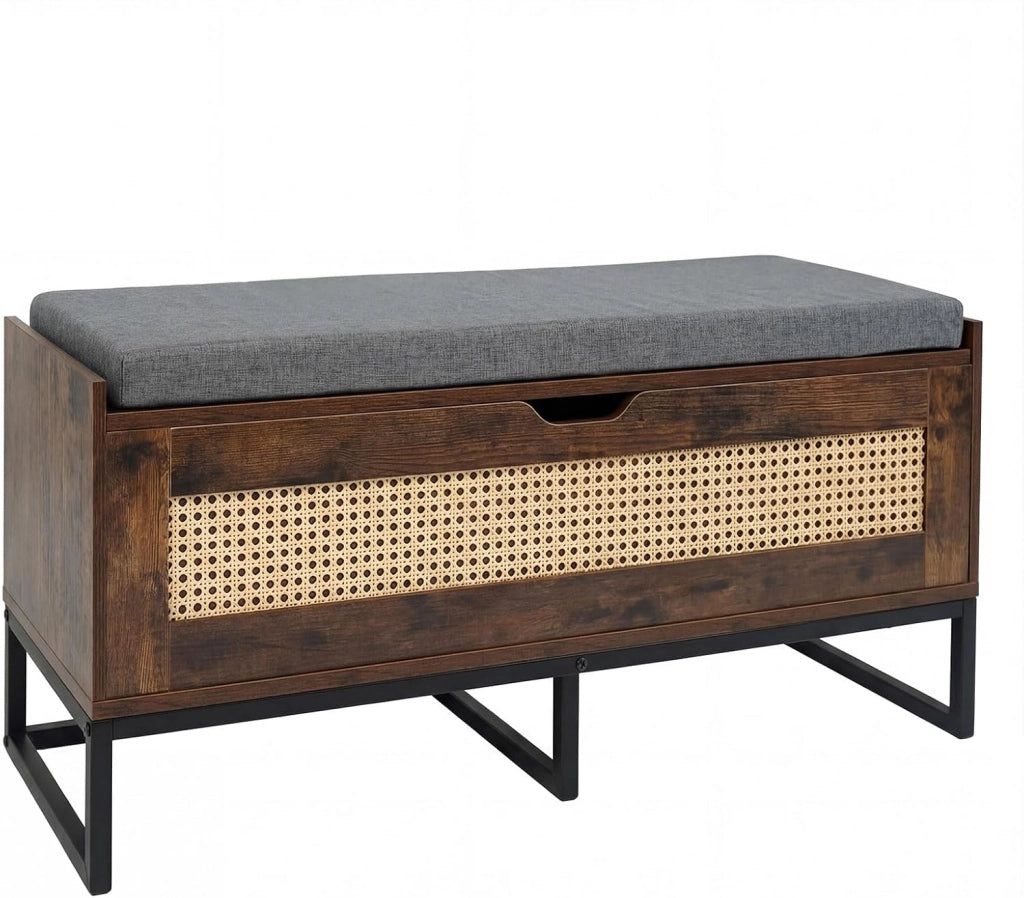 71L Panca Scarpe con Seduta Imbottita, Cassa Portaoggetti in Rattan con Coperchio Ribaltabile, Panchina da Ingresso con Spazio Nascosto, 100x35x44 cm (Bianco)