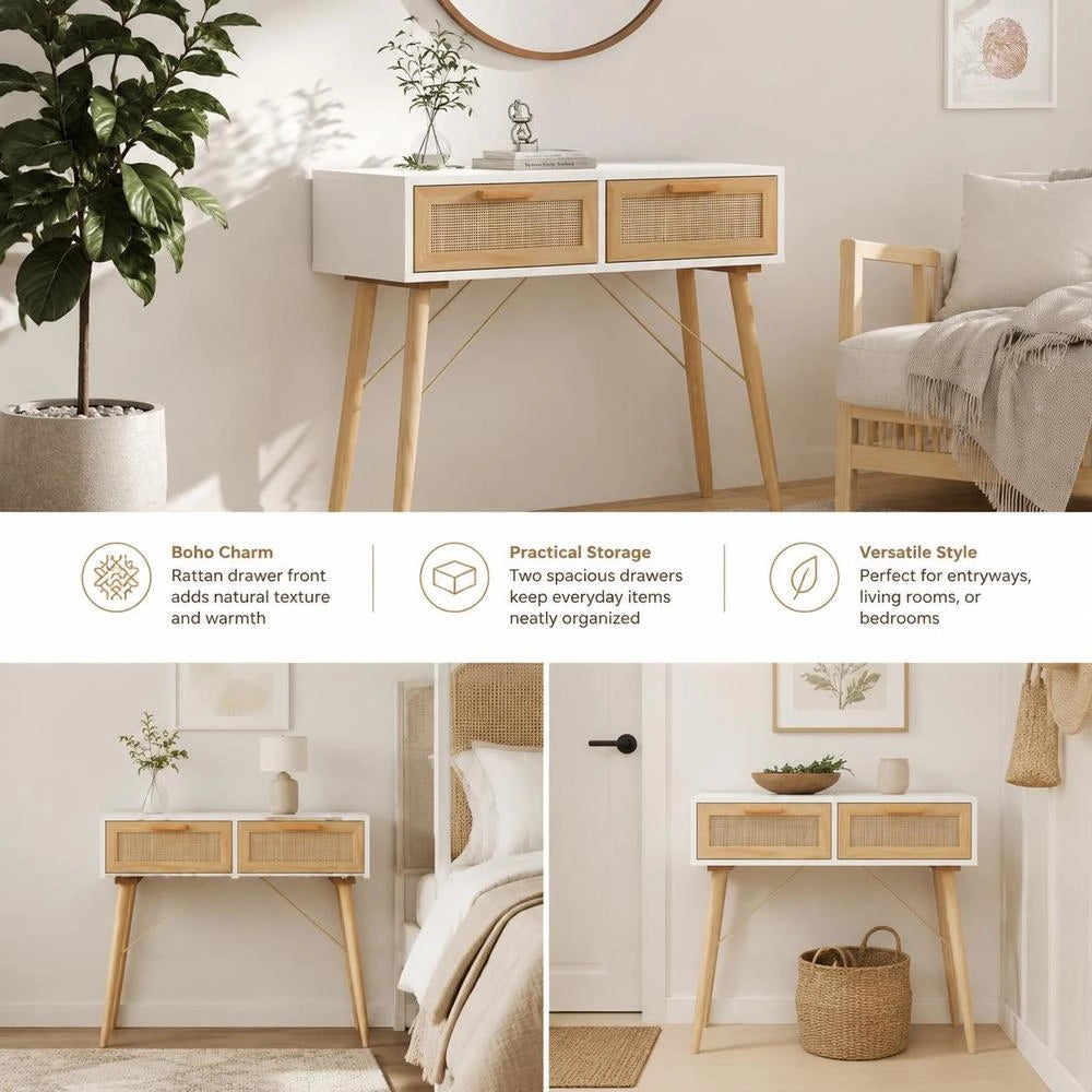 Console Table, White, 80x30x75 Cm, Solid Pine Wood, Natural Rattan
