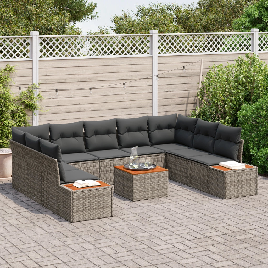 Set Divani da Giardino 10 Pezzi con Cuscini Grigio Polyrattan Acacia
