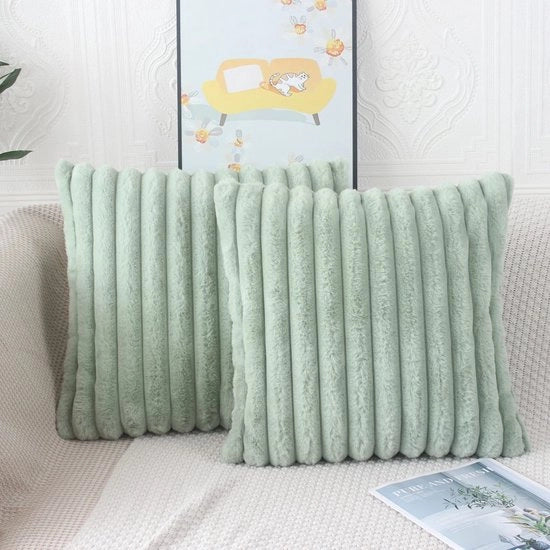 Set di 2 Cuscini per Divano 45x45 cm in Plush Verde Foglia Sage, Decorativi, con Tessuto a Strisce di Pelliccia Finta, per Cuscini di Divano, Cuscini per Sedia, Cuscini per Soggiorno, Cuscini per Sedia da Soggiorno, Cuscini di Lusso