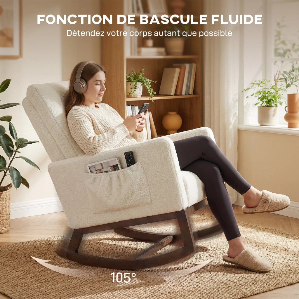 Poltrona a Dondolo in Flanella ¨C Zephmum ¨C Imbottita, Cuscino Lombo, Tasche Laterali, Crema