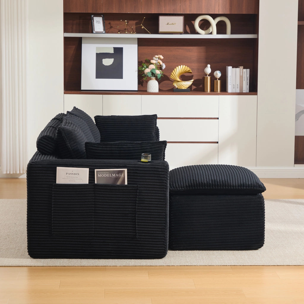 Divano modulare 256x161x75 cm con tasche laterali e molle integrate; rivestimento in velluto a coste nero