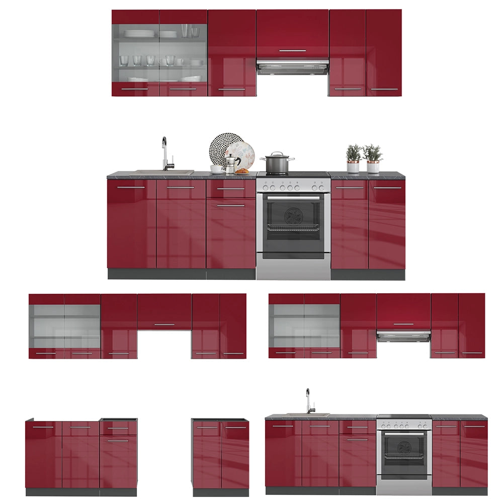 Vicco Armadi da cucina Rosso bordeaux lucido 240 cm senza piano di lavoro