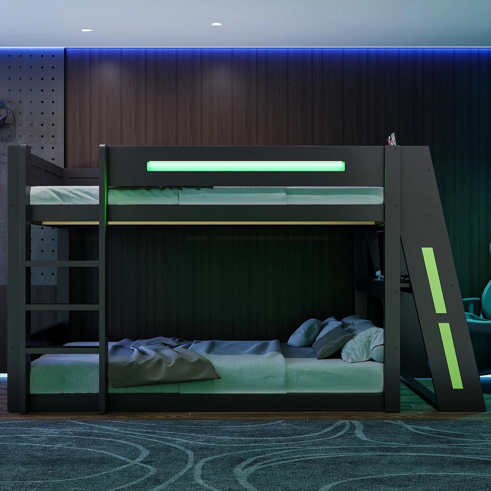 Letto a Castello Gaming in Legno con Scrivania e LED ¨C Xylo ¨C Nero, 140x200