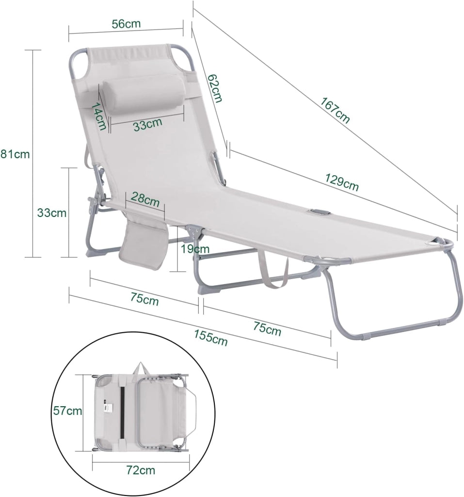 Sdraio da Giardino Reclinabile Lettino Prendisole con Cuscino e Tasca Laterale Sedia Sdraio da Esterno per Patio Campeggio Spiaggia Sdraio Pieghevole da Giardino Beige 155x56x81cm OGS35-MI