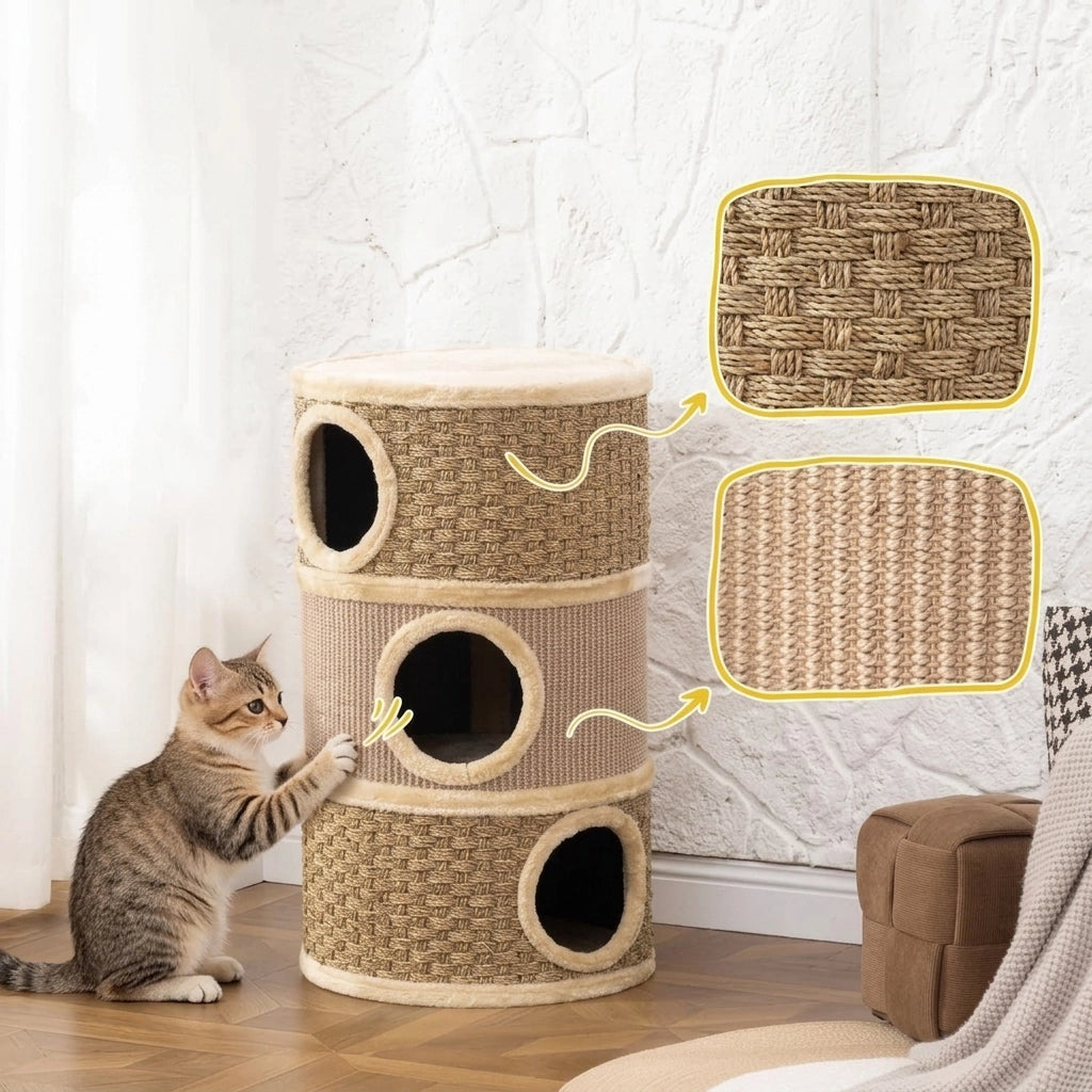 Tiragraffi a Botte a Tre Piani in Peluche e Sisal per Gatti Grandi; Ø45x79 cm; Cachi e Marrone
