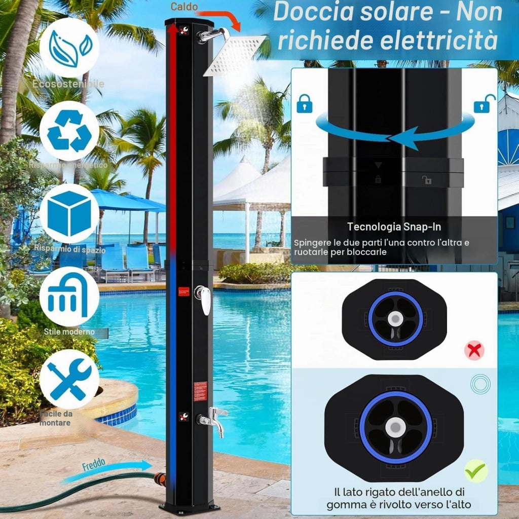 Doccia Solare 60 L, Doccia Solare da Giardino, con Soffione a Pioggia, Rubinetto, Attacco per Tubo da Giardino e Custodia Protettiva, Doccia per Piscina Senza Elettricità, Acqua Calda fino a 60 °C