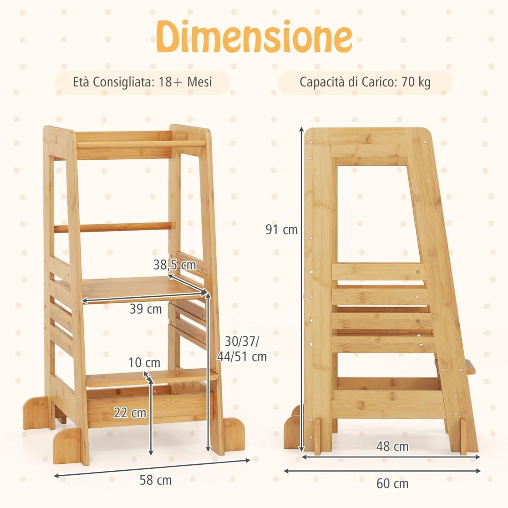 Torre Montessoriana in Bambù, Torre di Apprendimento con 4 Altezze Regolabili, Barra di Sicurezza e Piedini Antiribaltamento, Sgabello da Cucina per Bambini 18+ Mesi