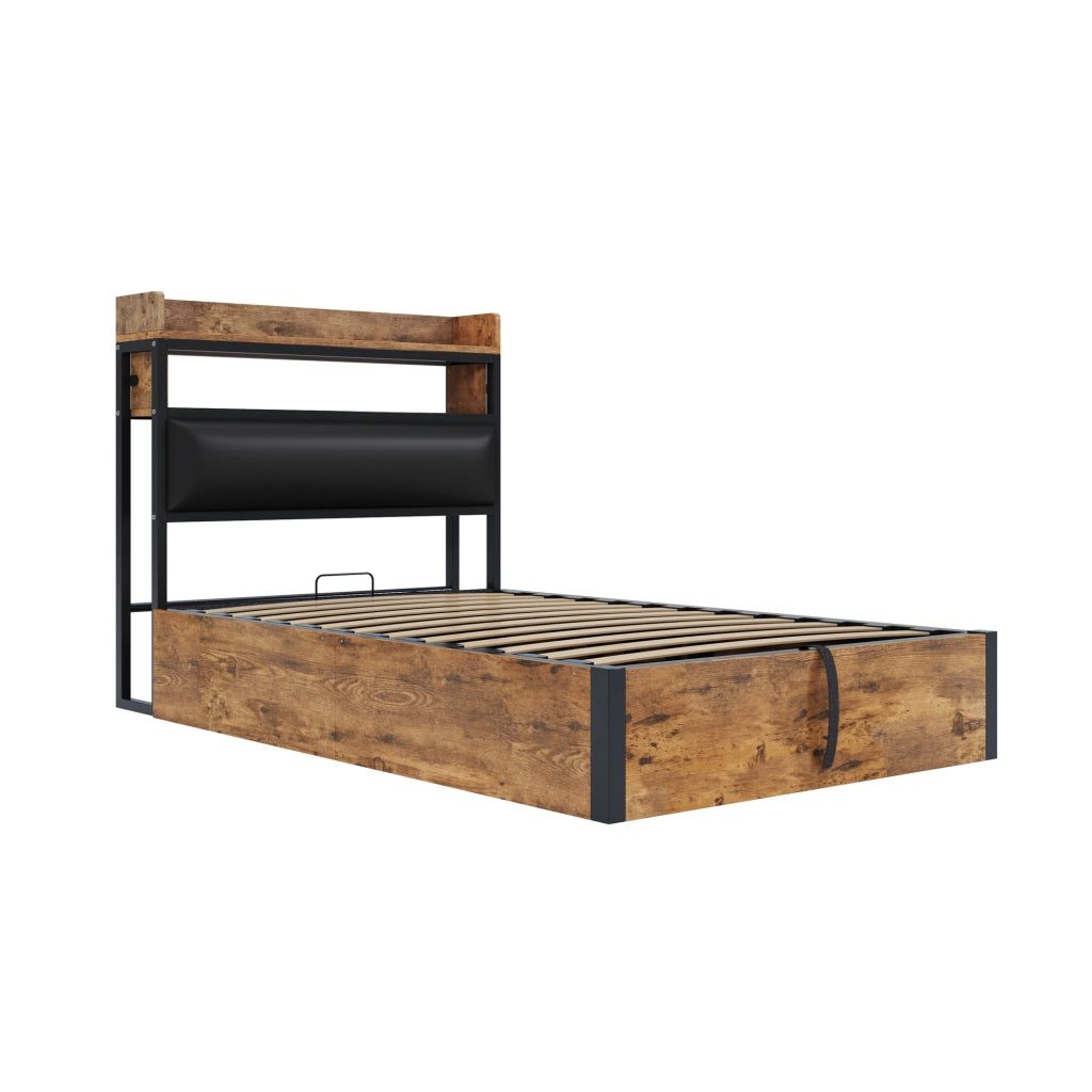 OKWISH Letto contenitore 90×200 cm, Letto Singolo con Sollevamento Idraulico, USB e Testiera Imbottita, senza Materasso, Nero