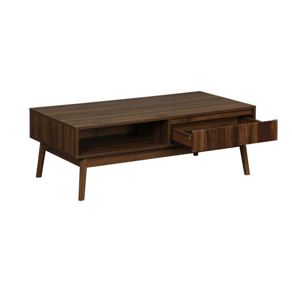 Tavolino scandinavo, decoro in legno scanalato, 2 nicchie, 1 cassetto,
