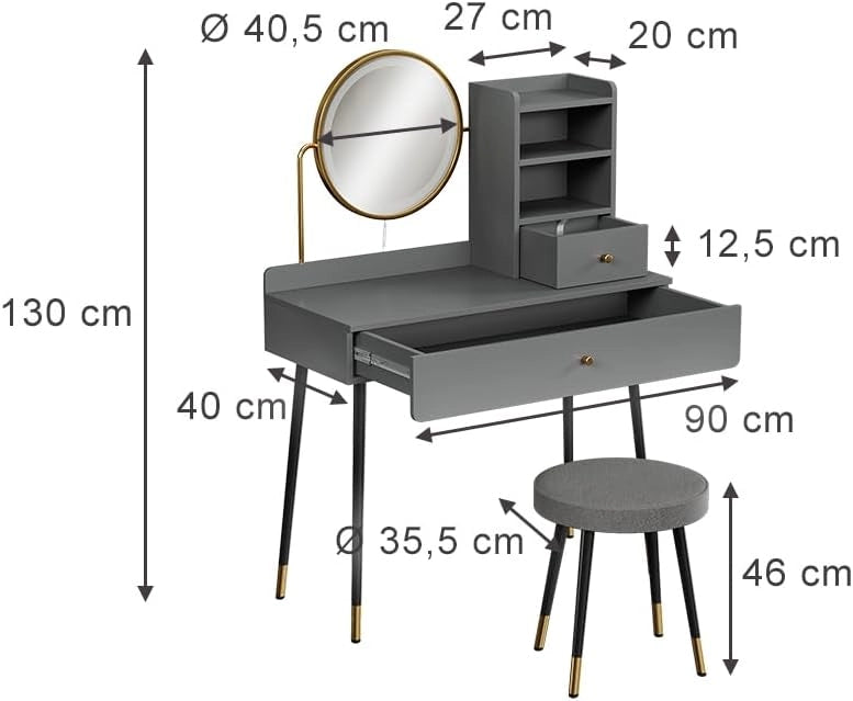 Tavolo da toeletta Mirela, Grigio, 90 cm con specchio LED e sgabello, adatto per la cura quotidiana e l'organizzazione di articoli cosmetici