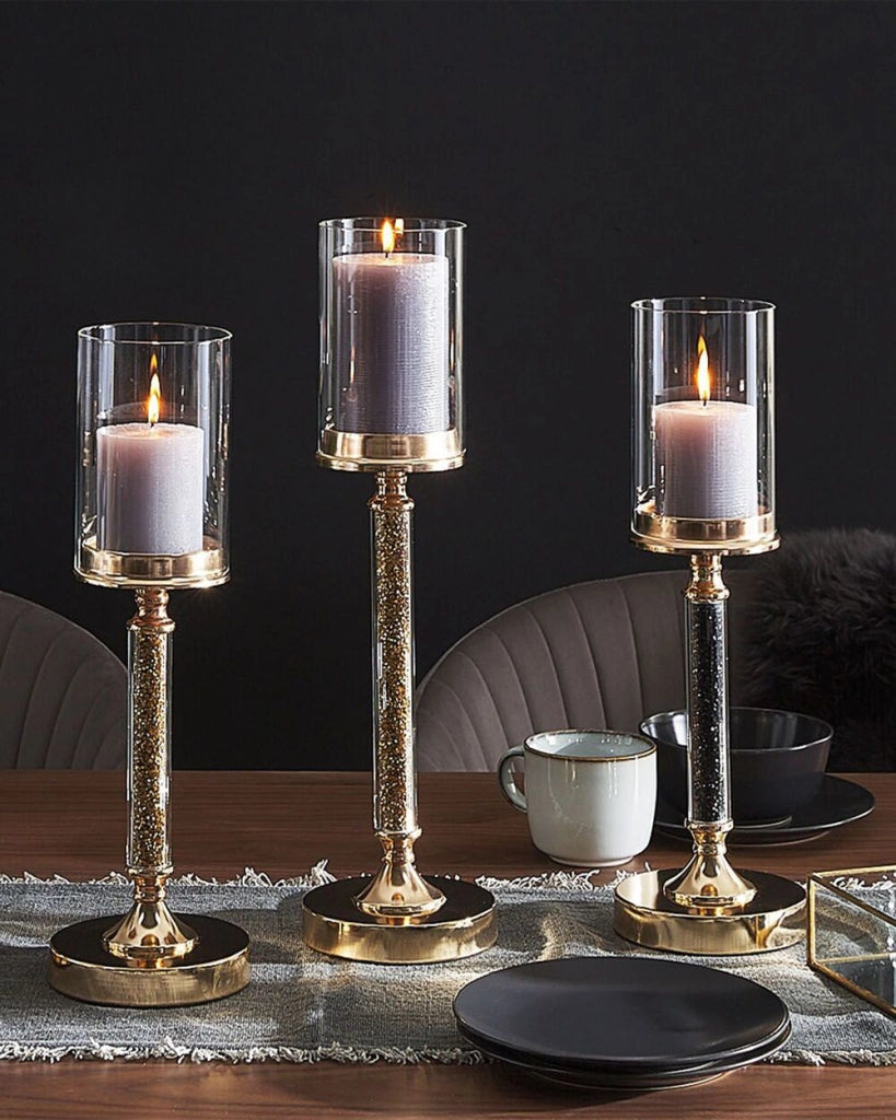 Portacandele Colonna in metallo dorato Paralume in vetro 41 cm Centrotavola decorativo glamour
