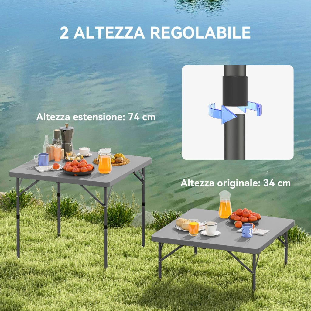 Tavolo da Campeggio Pieghevole 86x86x74 cm Regolabile su 2 Altezze in HDPE e Metallo Grigio Scuro
