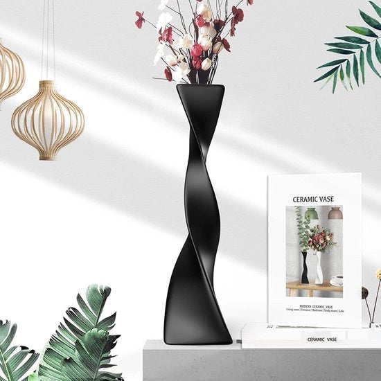 Vasca Ceramica Alta - Decorazione Moderna a Spirale per Fiori - Design in Ceramica Nera - 1 Pezzo - Decorazione per la Sala da Pranzo Nera