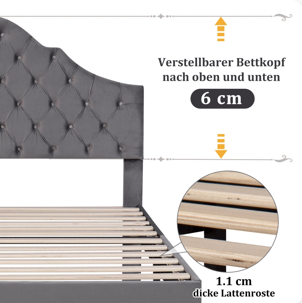 Letto imbottito 90x200 cm in velluto grigio con testiera e rete a doghe in legno