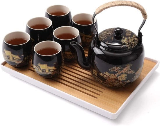 Porcellana nera, set da tè con 1 set per il teapot, 6 tazze, 1 foglio per il tè, 1 gruppo in acciaio inossidabile, set da tè Aziatico elegante per adulti