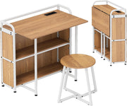 Scrivania per Computer con Piano Pieghevole e Stazione di Ricarica, 2 Ripiani Portaoggetti e Sgabello Rotondo, 90 x 55 cm, Ideale per Studio, Camera da Letto e Sala da Pranzo