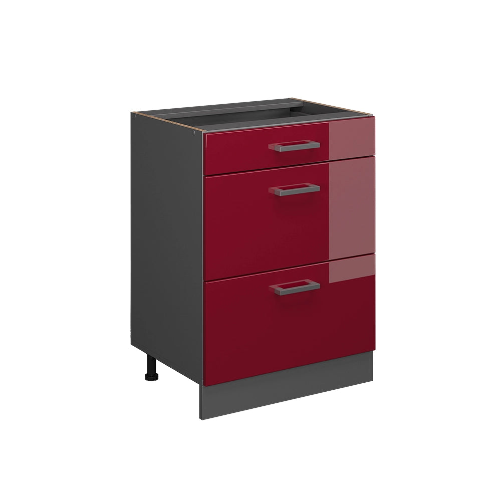 Mobiletto base per cucina R-Line Rosso lucido/Antracite 60 cm con cassetti, senza piano di lavoro Vicco