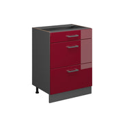 Mobiletto base per cucina R-Line Rosso lucido/Antracite 60 cm con cassetti, senza piano di lavoro Vicco