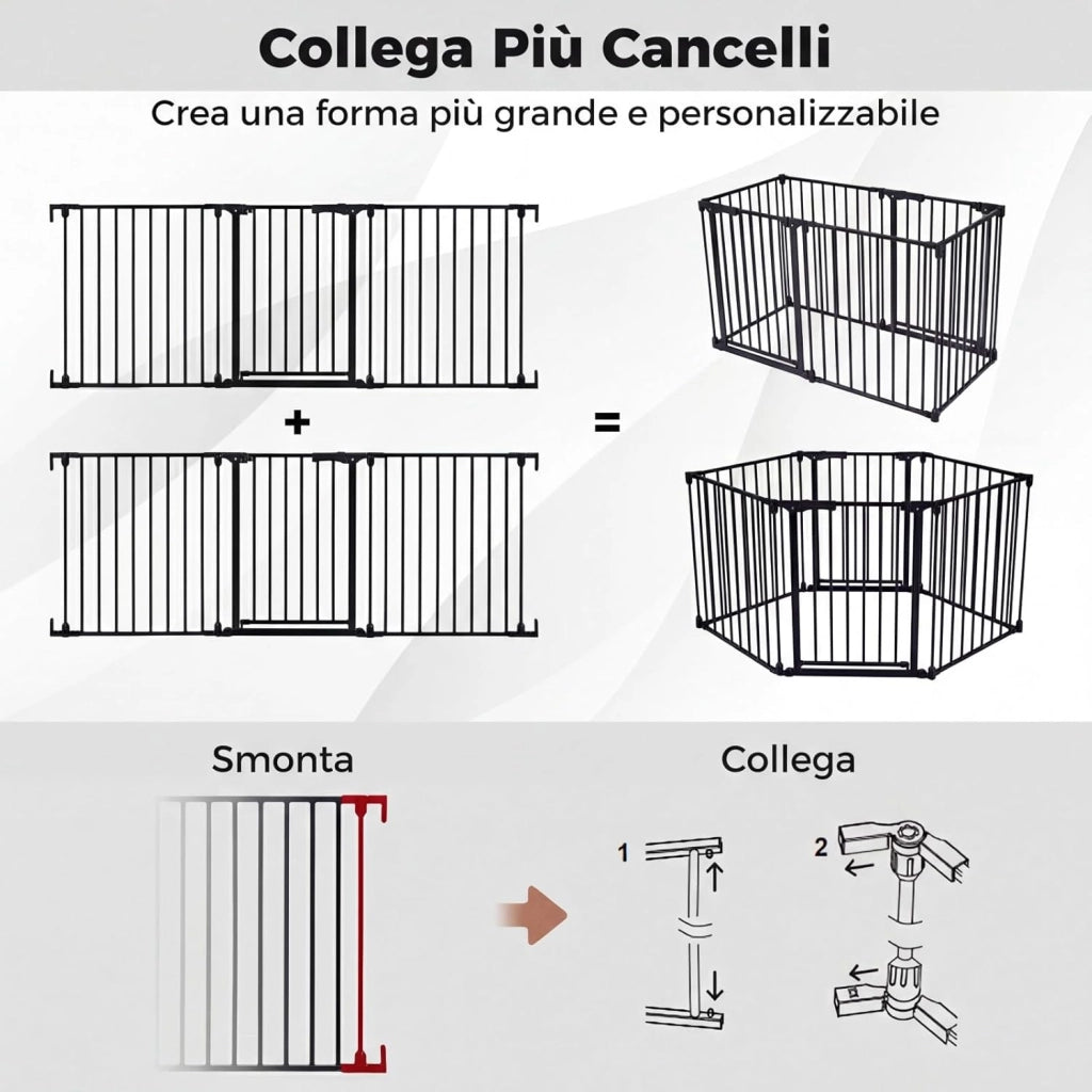 198 cm Cancelletto a 3 Pannelli per Cani, Recinzione Pieghevole in Metallo con Doppia Chiusura, Apertura Bidirezionale Cancello per Bambini e Animali, Ideale per Scala e Camino (Nero)